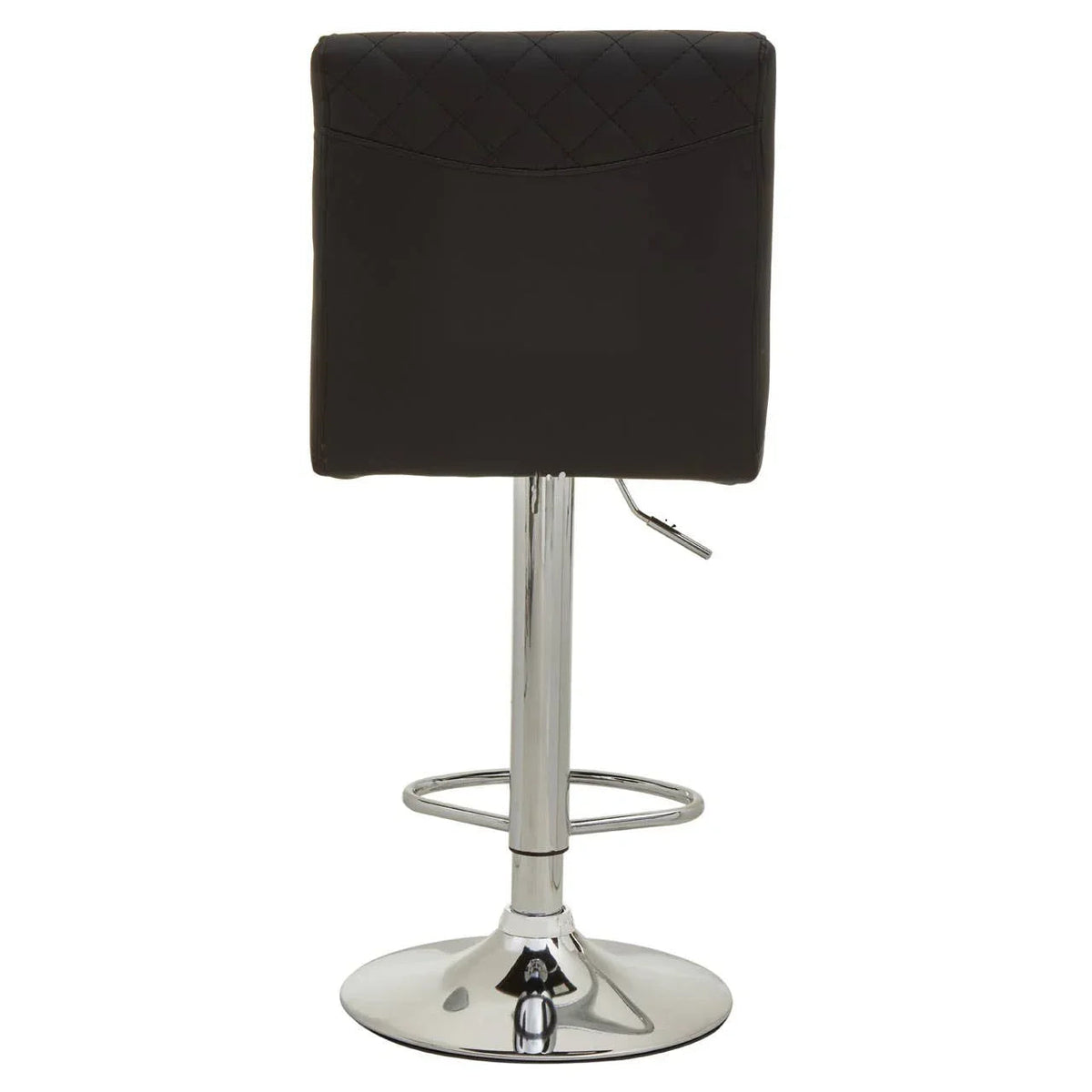 Black bar stool with chrome pedestal base, rear view showing mostly plain backrest with quilted top edge