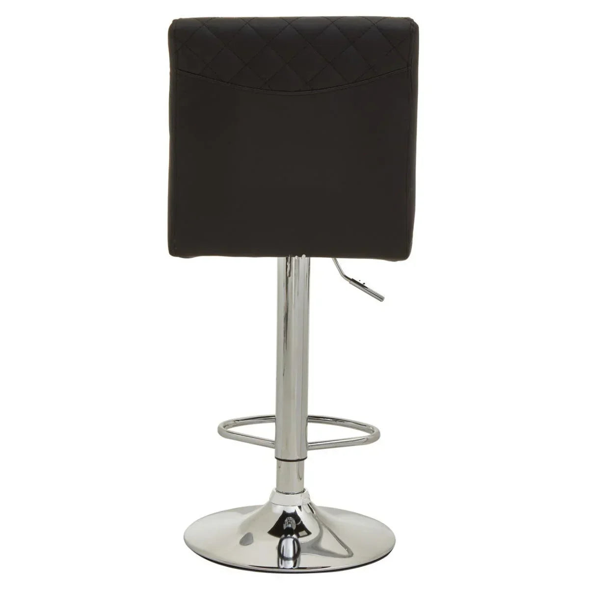 Black bar stool with quilted backrest, chrome pedestal base and footrest, rear view