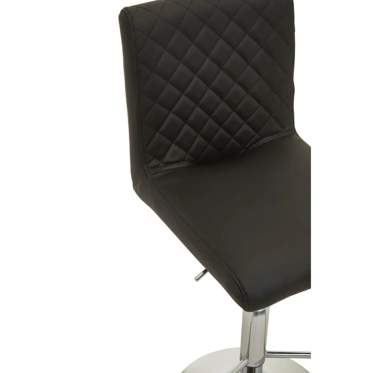 Black bar stool with quilted backrest and chrome base, close-up side angle