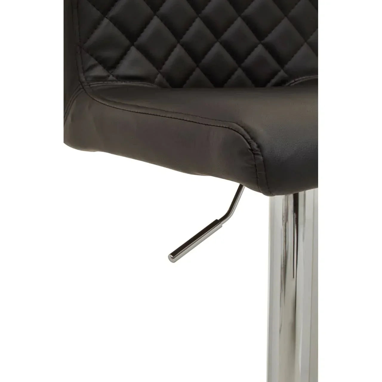 Black faux leather bar stool seat with quilted stitching and chrome gas lift lever detail