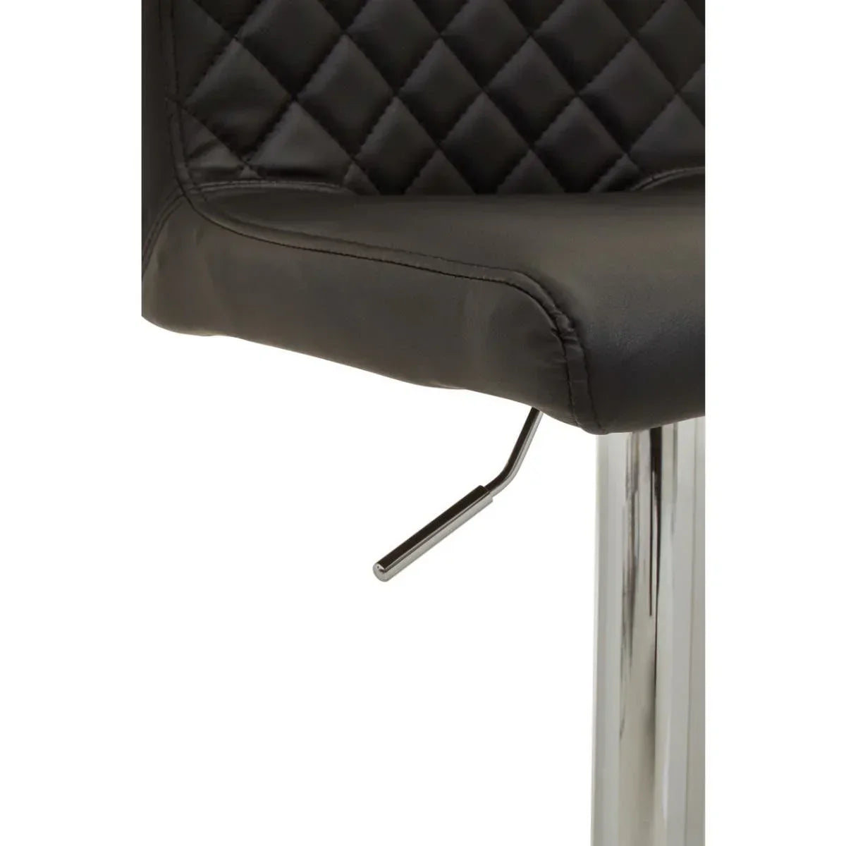 Black leather bar stool with quilted seat detail and chrome adjustable base close-up