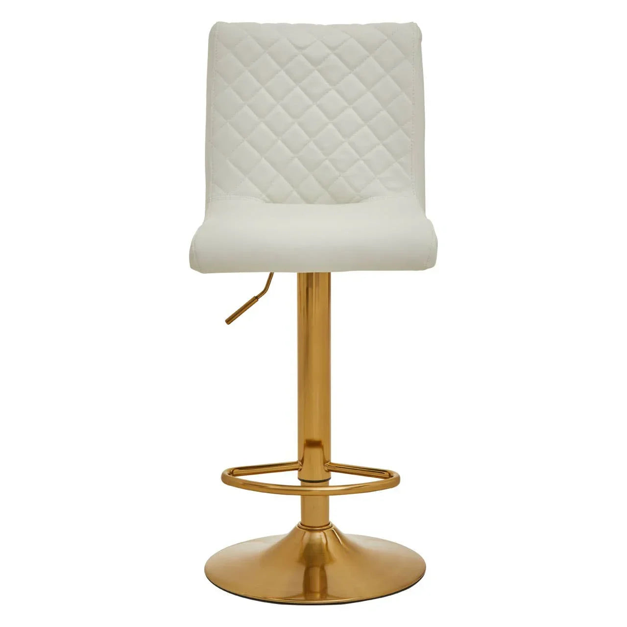 White bar stool with quilted backrest and gold metal base, front view