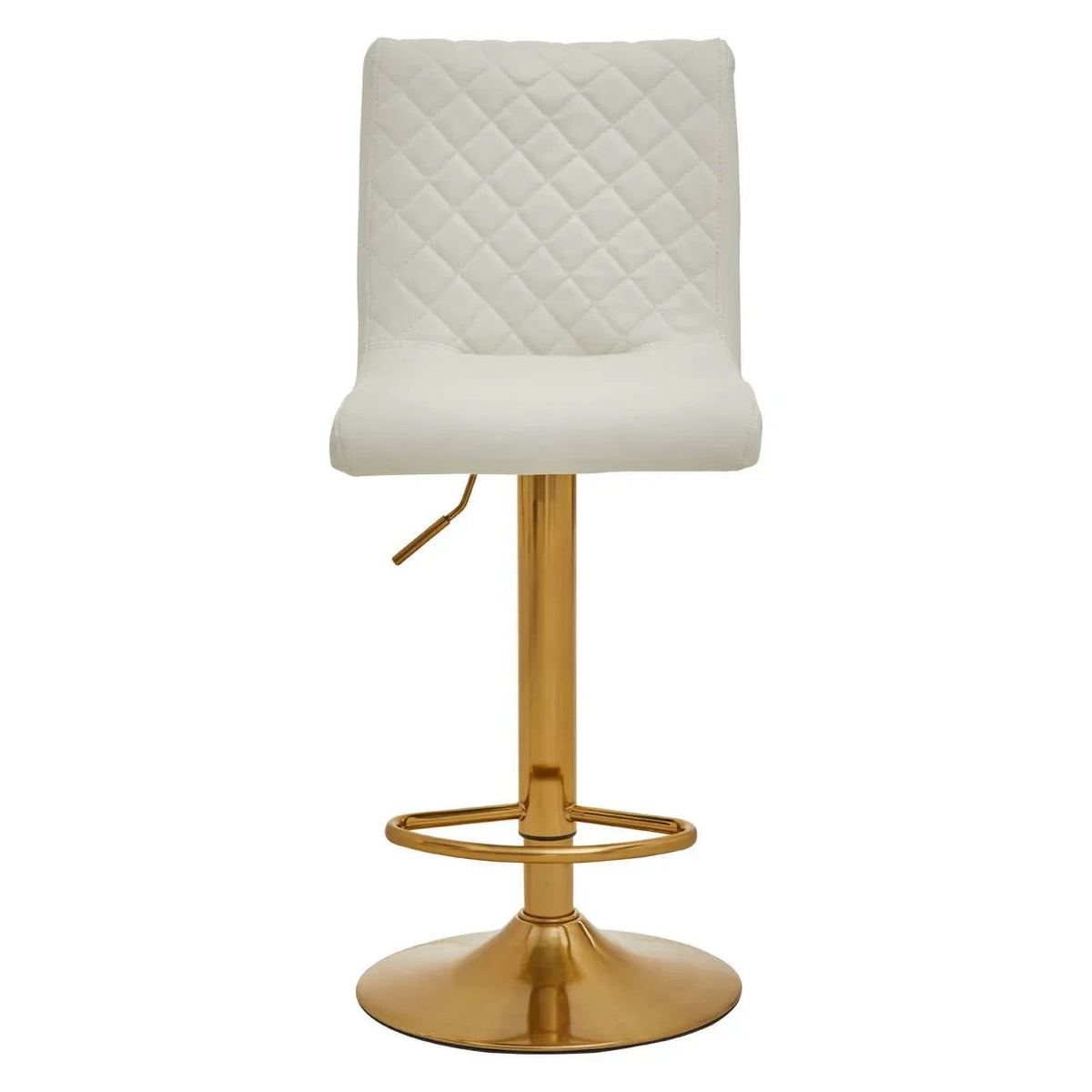 White quilted bar stool with gold pedestal base, straight front view