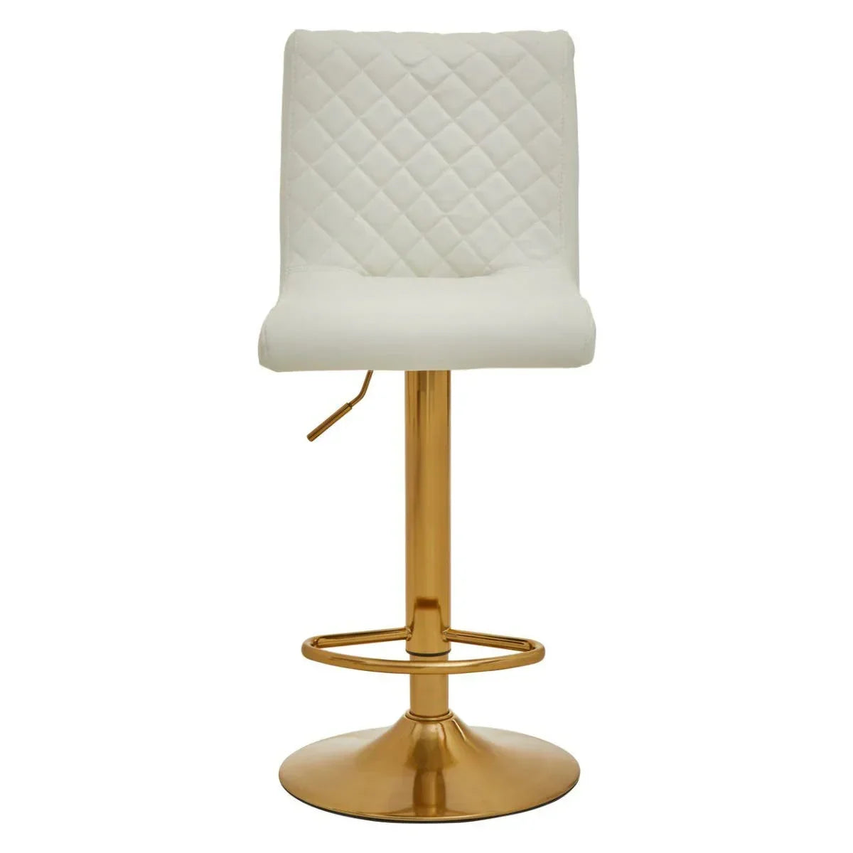White bar stool with quilted backrest and gold metal base, front view