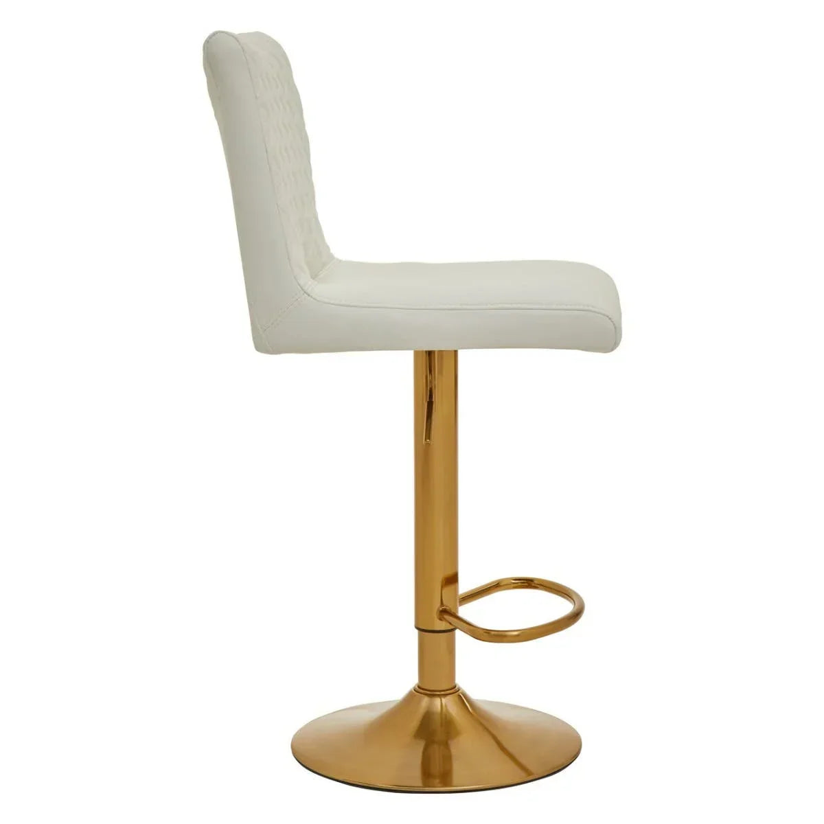 White upholstered bar stool with gold metal base and footrest, side profile view