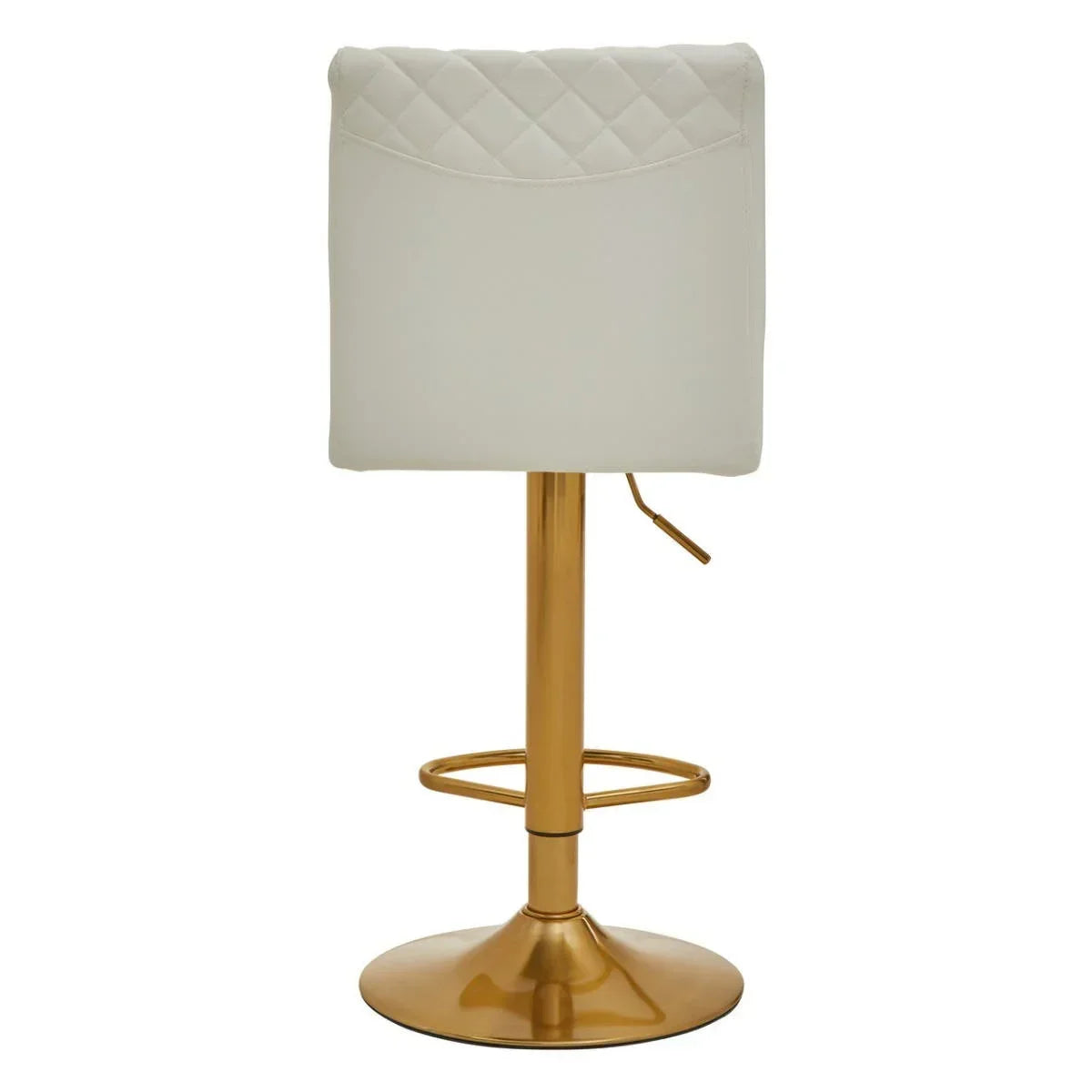 Cream bar stool with quilted backrest and gold metal base, rear view