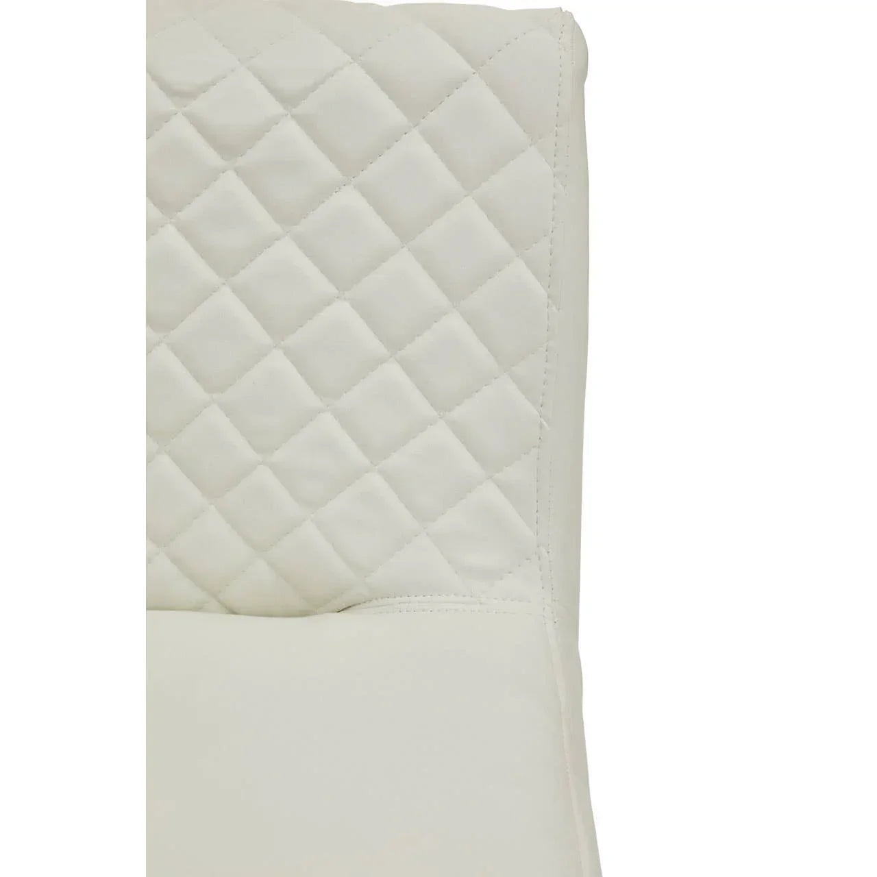 Close view of cream leather dining chair with diamond quilted backrest stitching