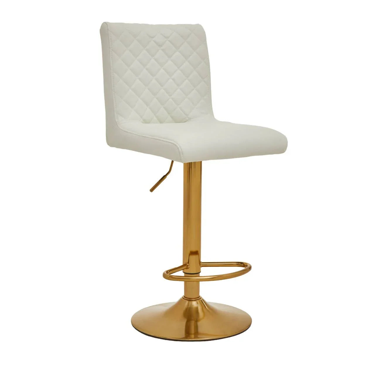 White bar stool with quilted backrest and gold metal base