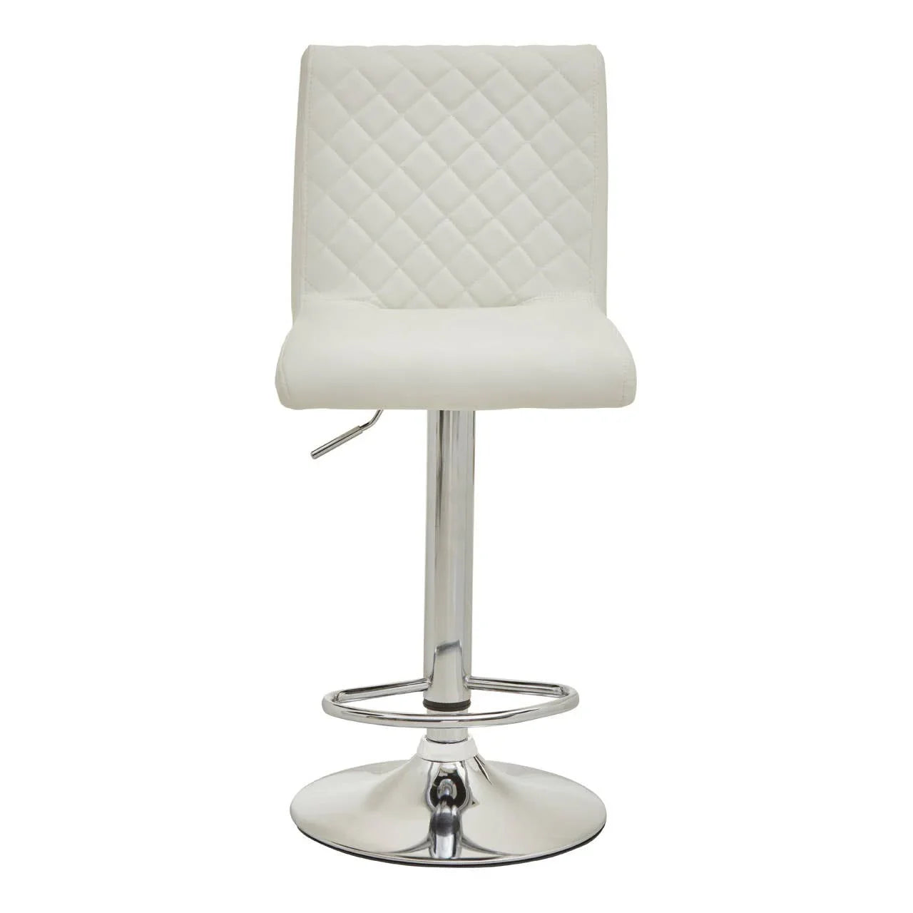 White bar stool with quilted backrest, chrome base, and footrest, front view