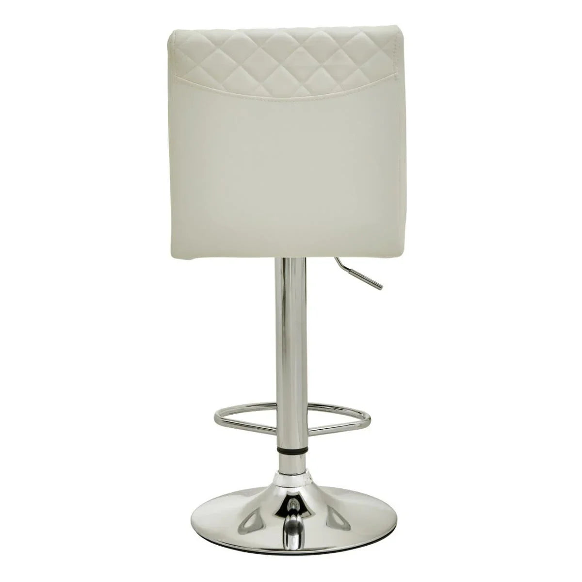 White bar stool with quilted backrest and chrome base, rear view