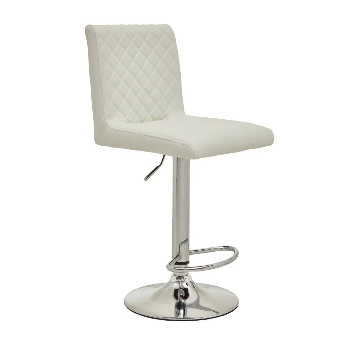 White faux leather bar stool with diamond-quilted back, angled three-quarter view