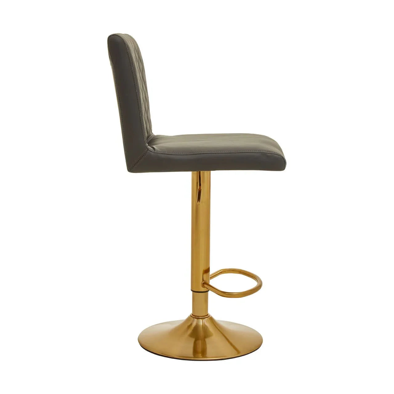 Grey bar stool with gold metal base and footrest, side view