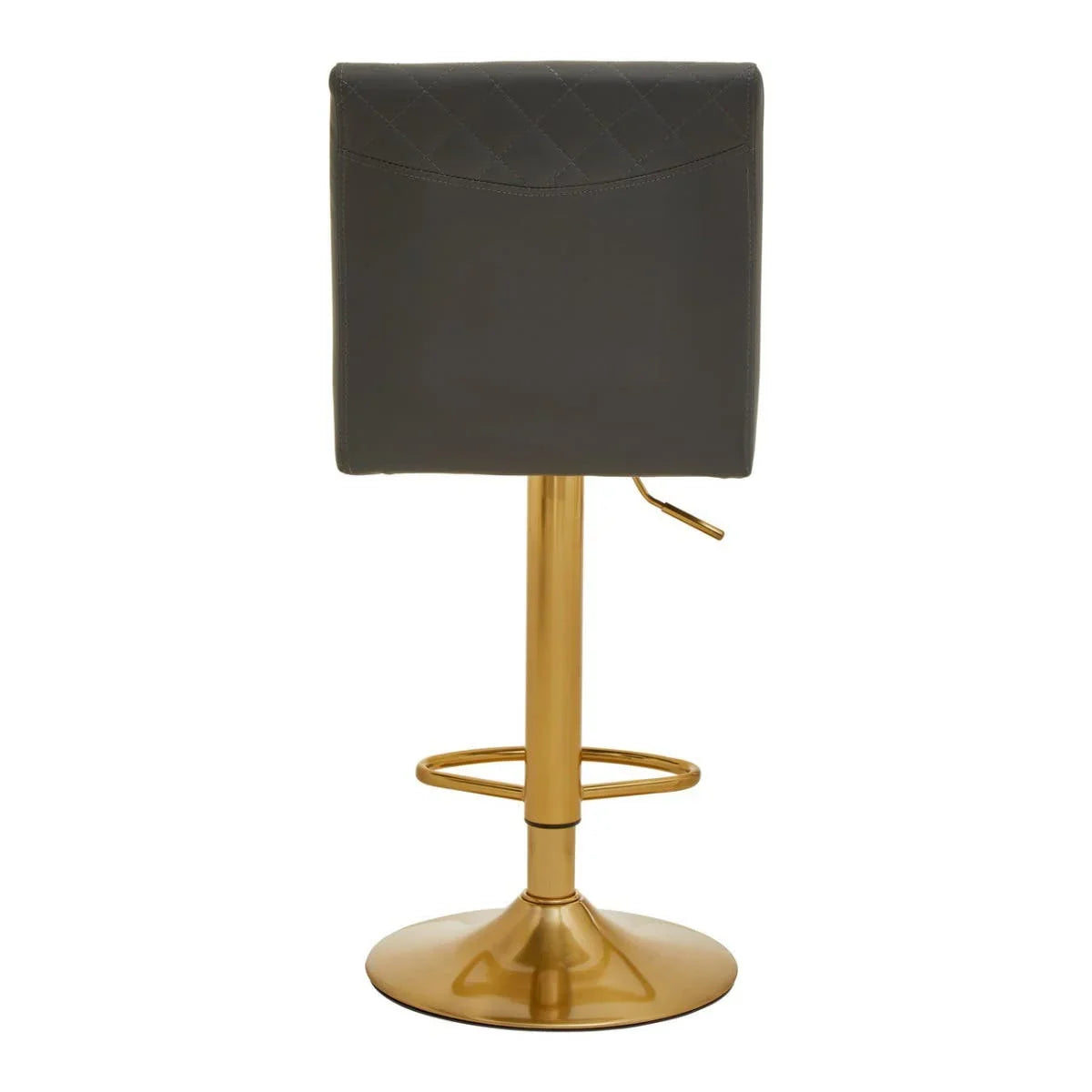 Bar stool with gold base and quilted dark grey backrest, rear view