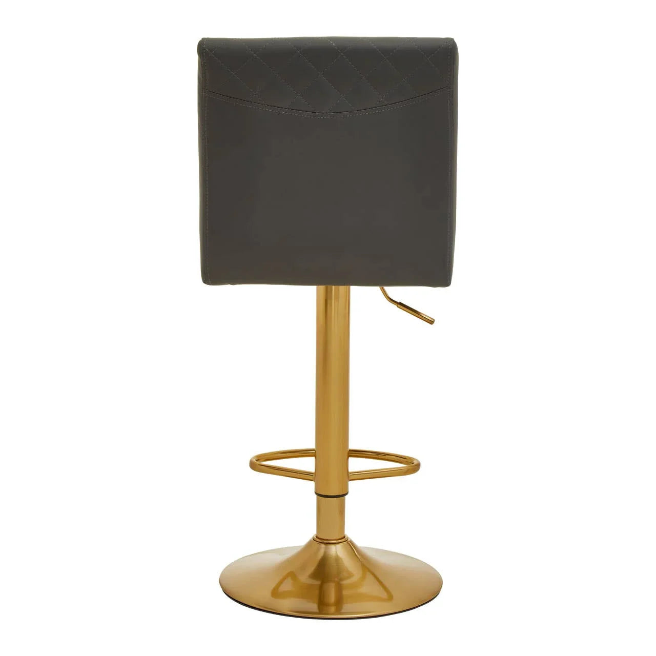 Rear view of bar stool with grey padded backrest and gold metal base