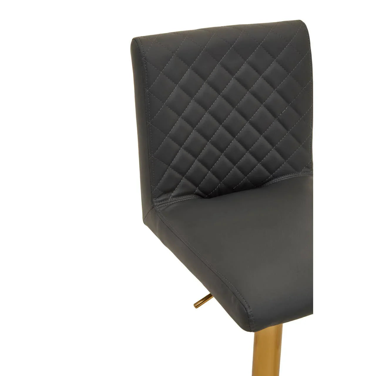 Dark grey bar stool with quilted backrest and gold metal legs, close-up angle