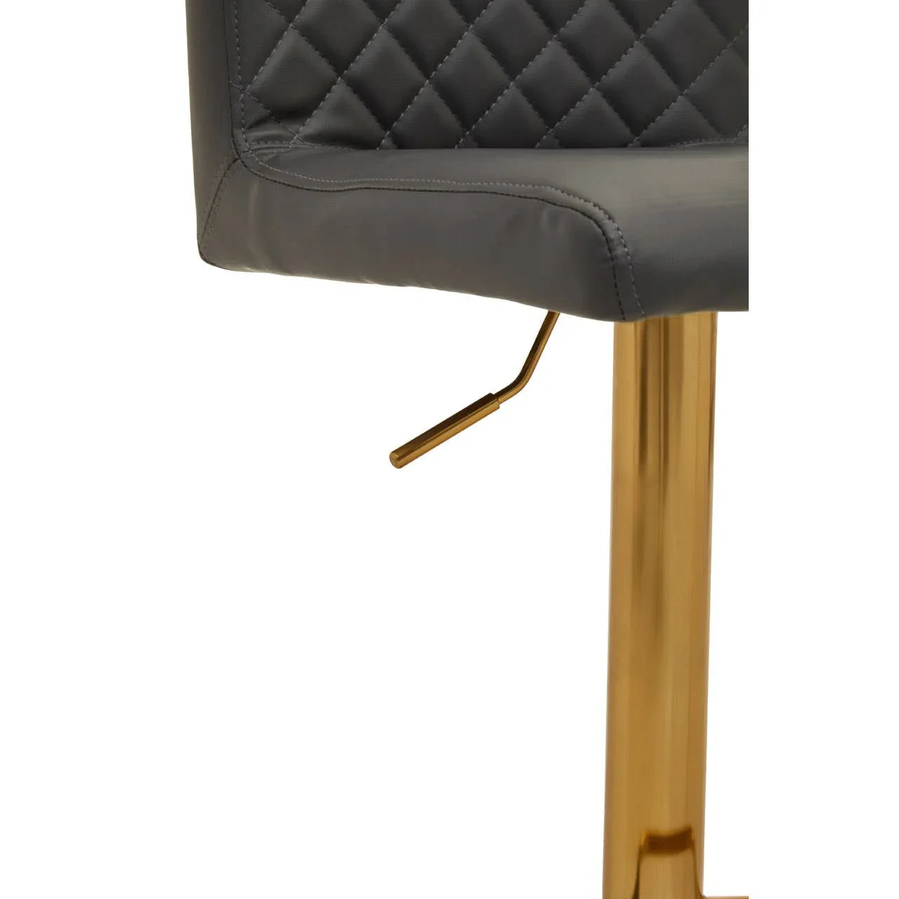 Grey quilted bar stool seat with gold base and adjustable lever close-up