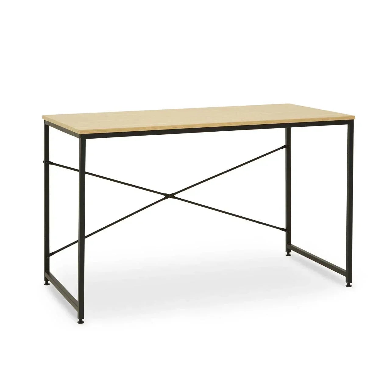 Wooden top desk with black metal frame and crossbar supports, shown on white background