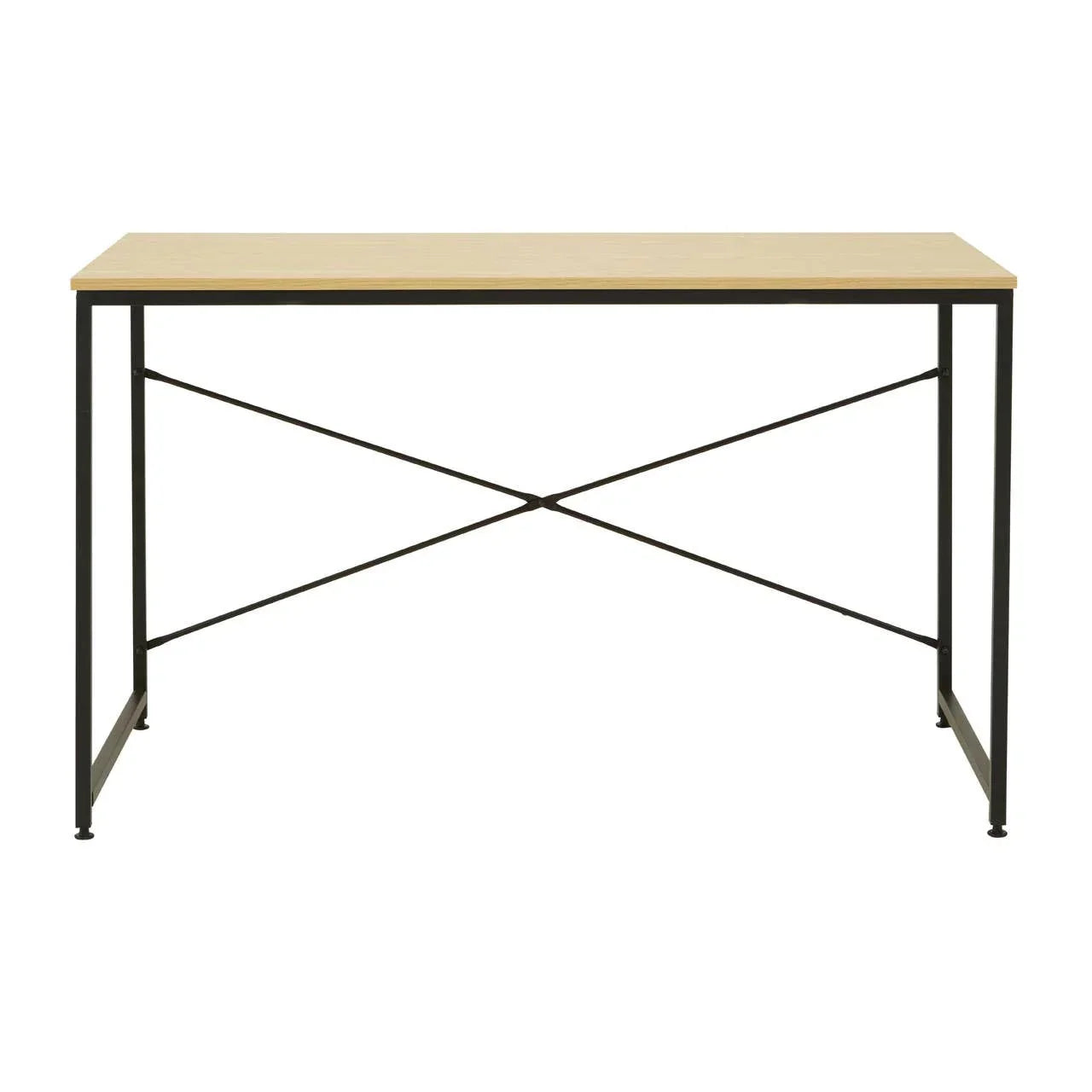 Rectangular wooden desk with black metal frame and crossbar design, front view