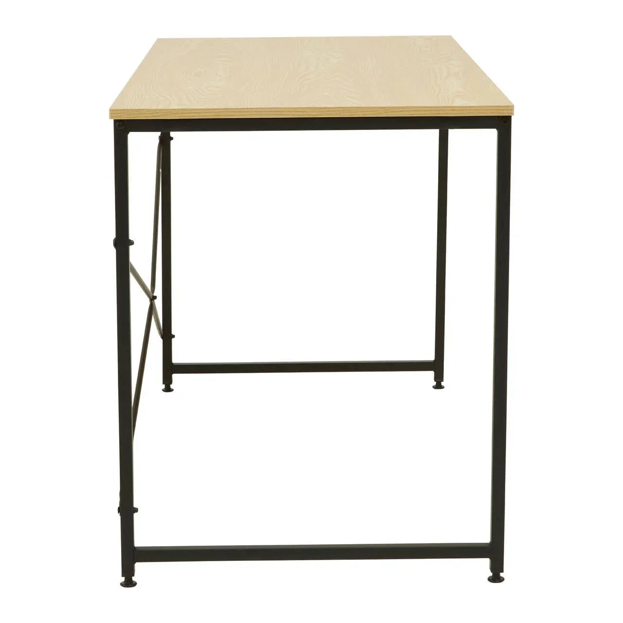 Oak effect dining table with black metal frame, straight-on view