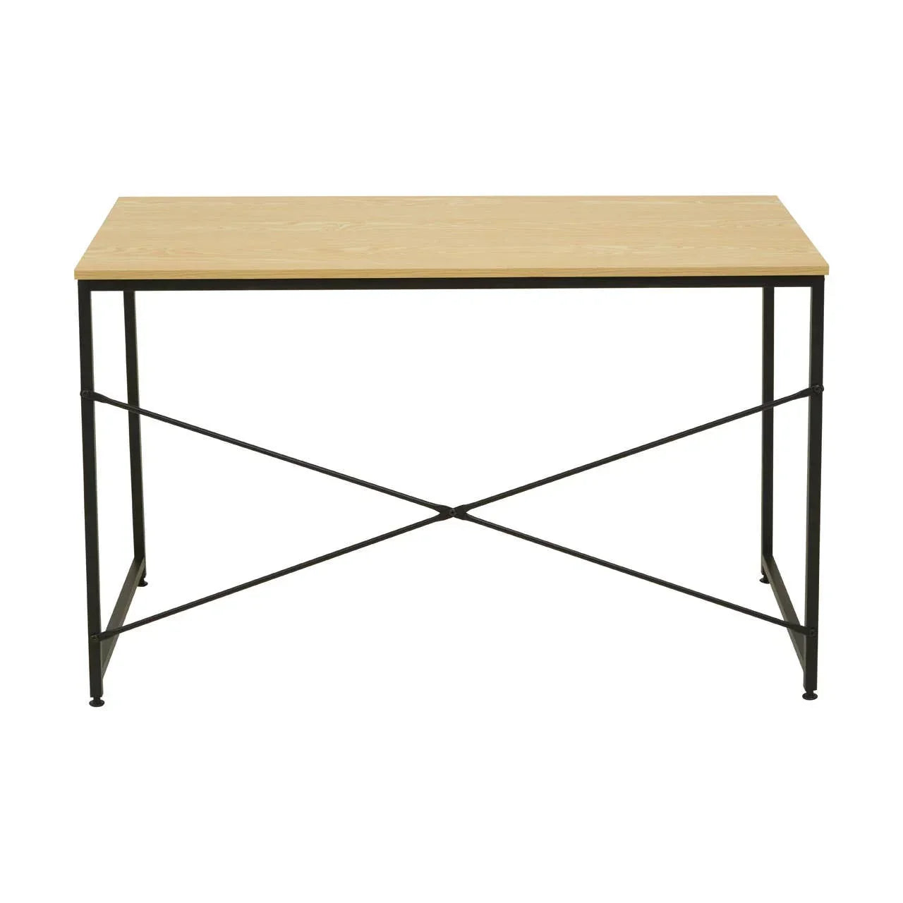Light wood desk with black metal frame and cross-brace support, front view