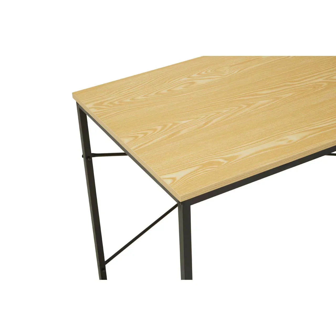 Rectangular wooden dining table with light wood grain top and black metal frame corner view