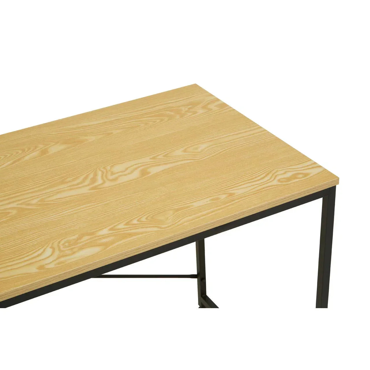 Light wood dining table with black metal legs, close-up of corner and surface grain detail