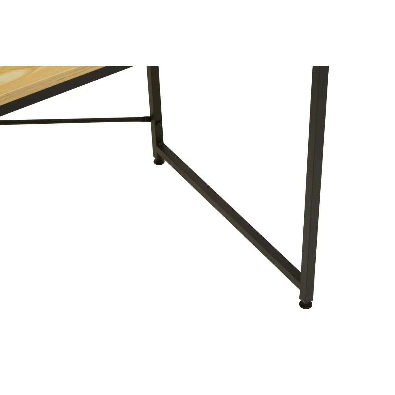 Black metal table leg frame with angled support and wood tabletop corner visible