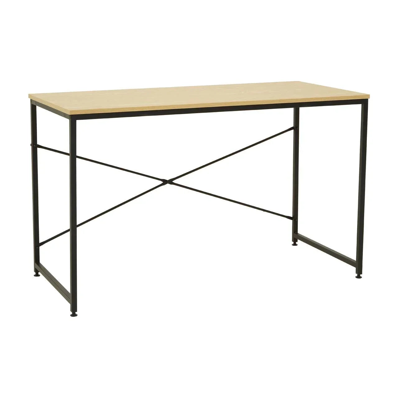 Modern rectangular desk with light wood top and black metal frame