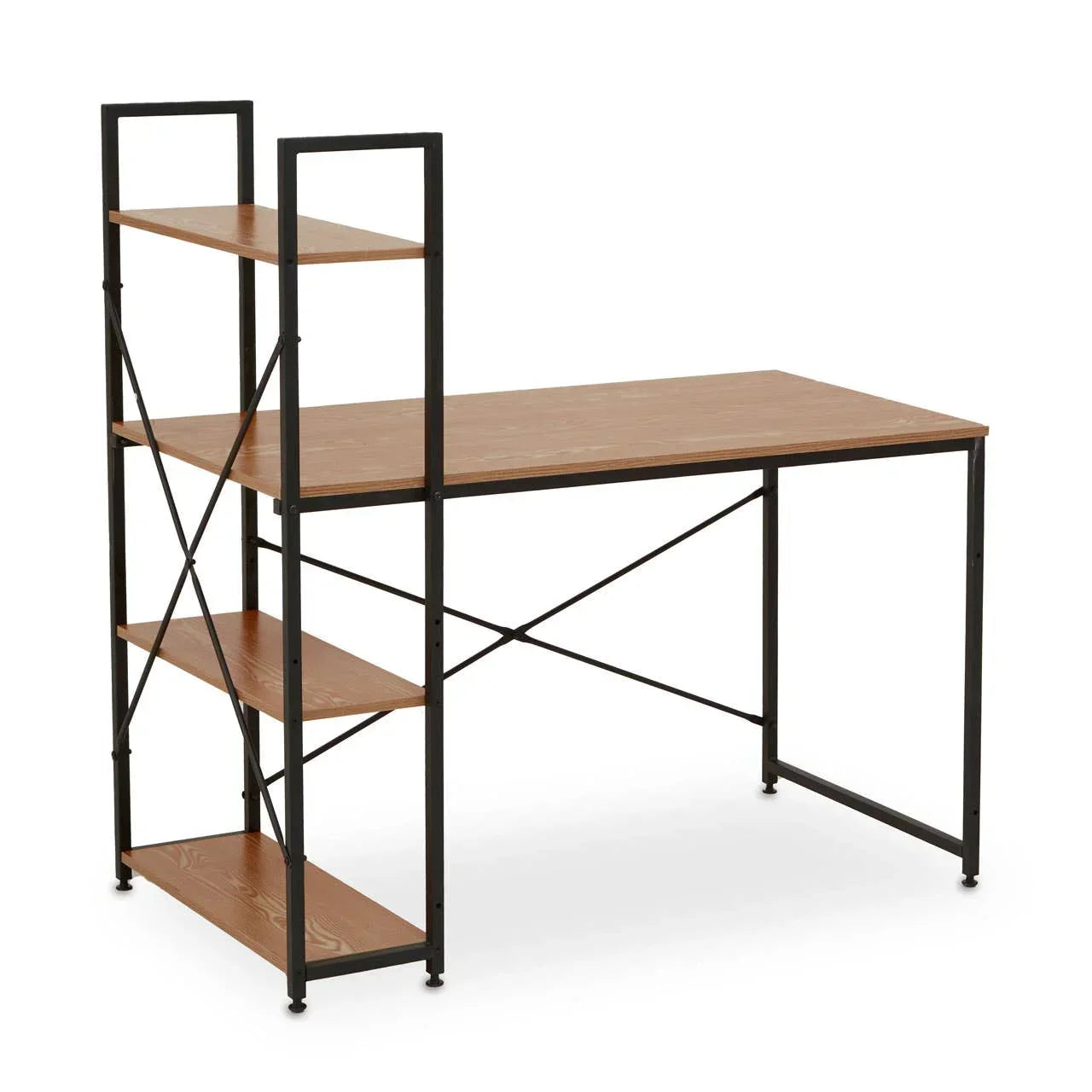 Industrial desk with black metal frame and wood shelves for home office or study