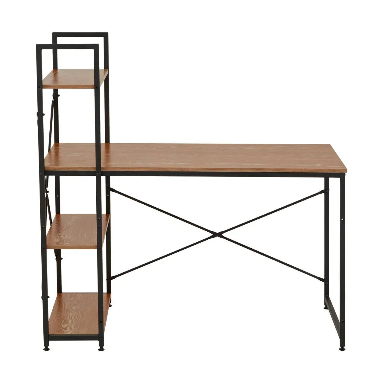 Wood and metal office desk with three side shelves and black frame