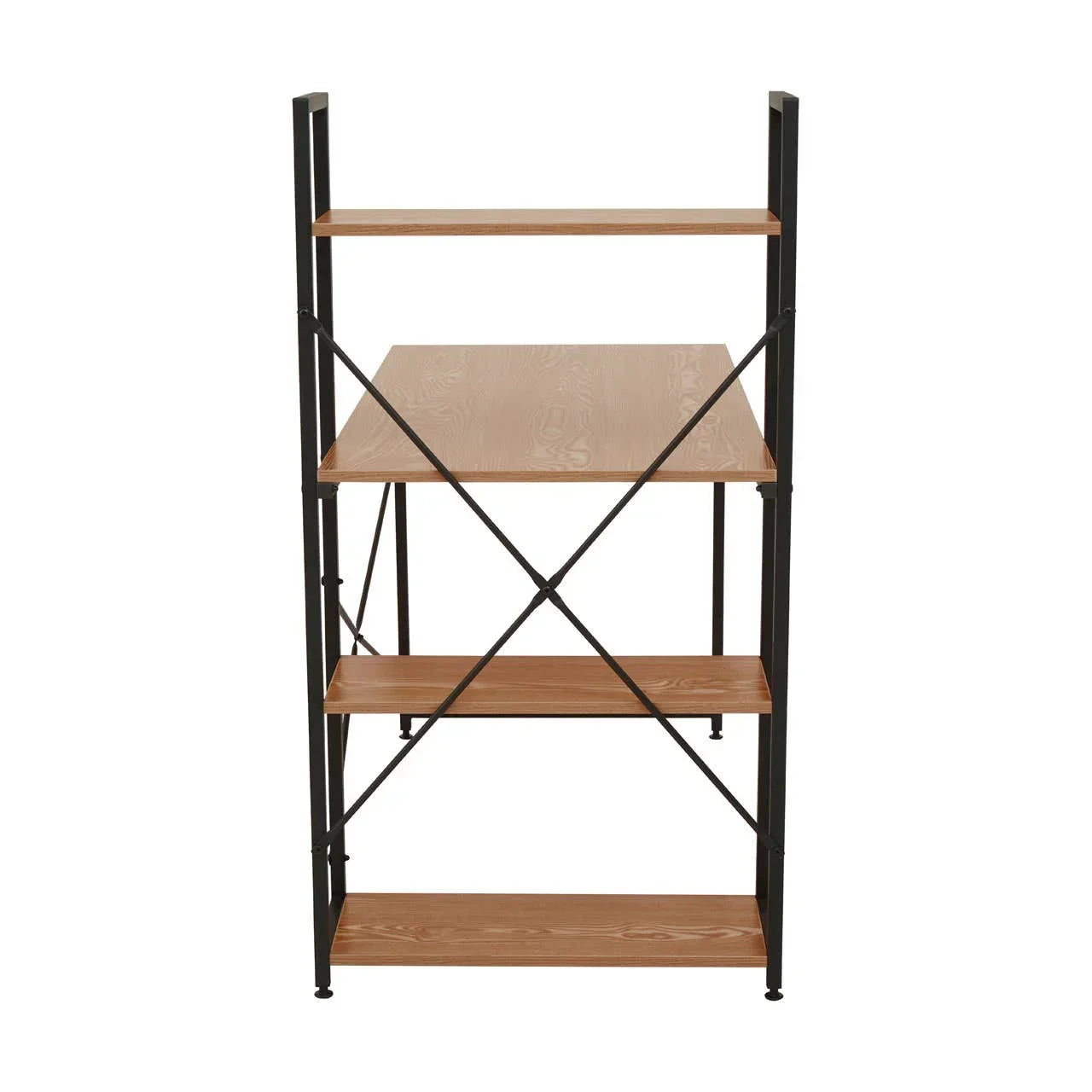 Industrial style shelving unit with black metal frame and four wooden shelves, front view