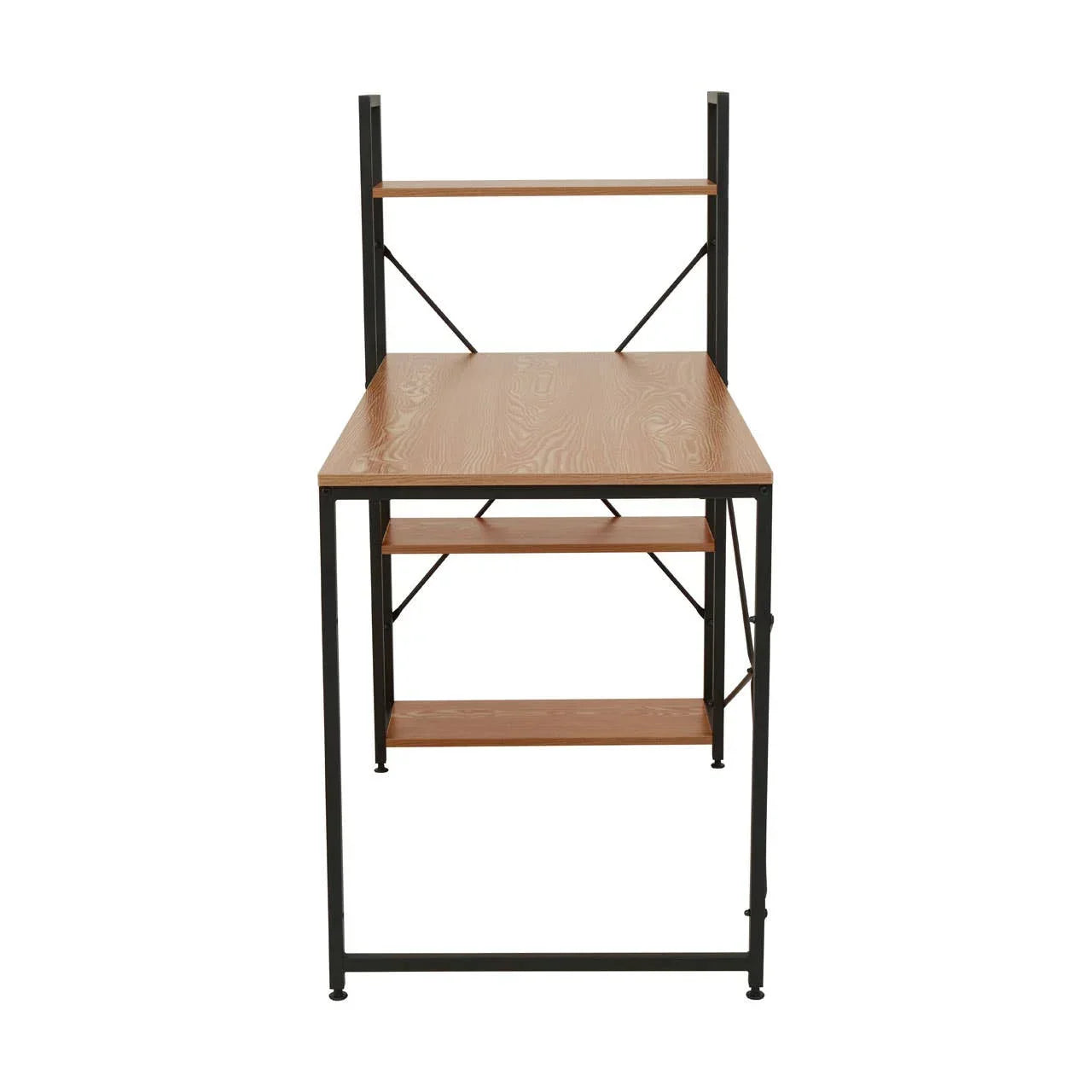 Oak effect computer desk with metal frame and storage shelves, front view