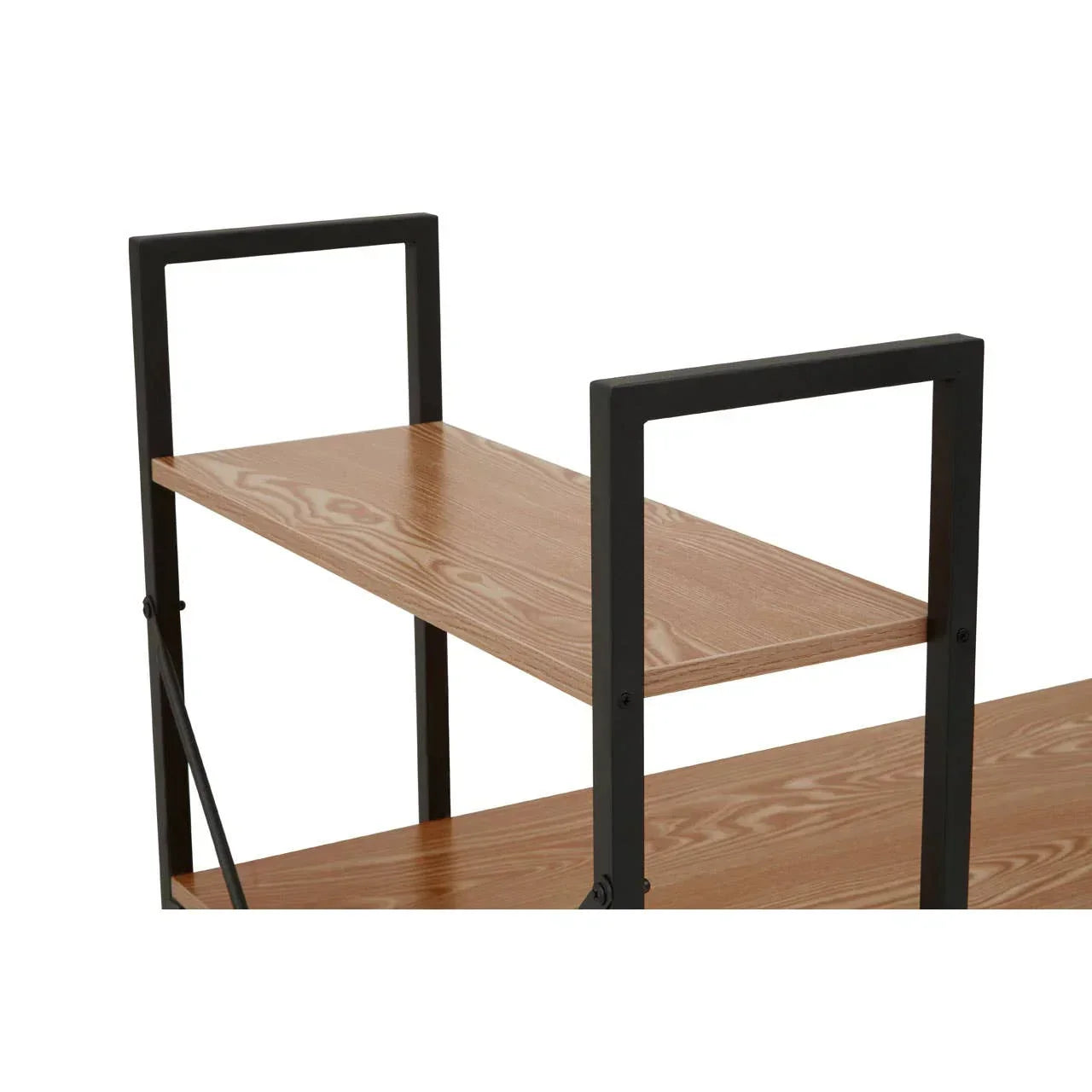 Close-up of wood and metal shelving unit with black frame and natural finish shelves