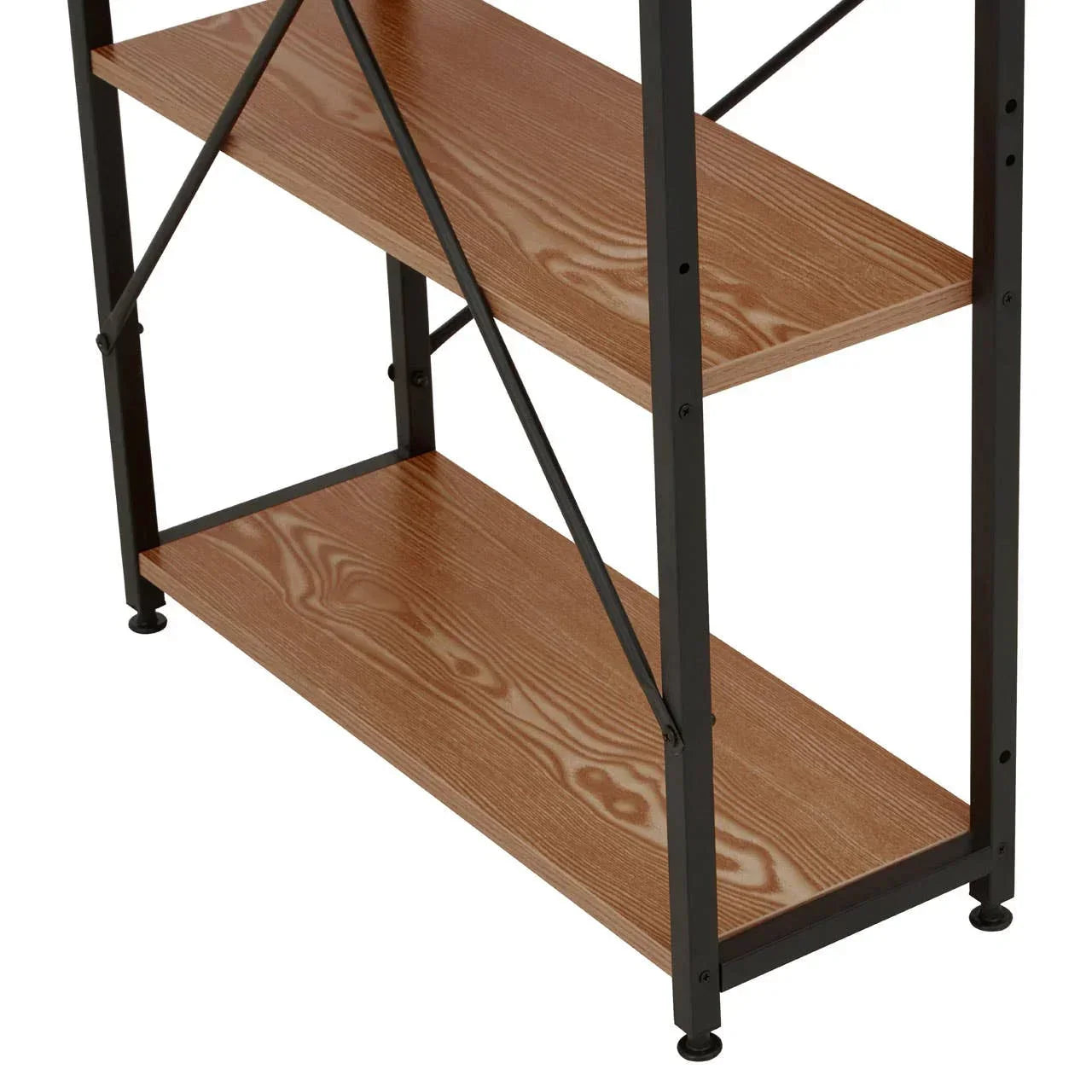 Wood effect shelving unit with black metal frame, close-up of lower shelves