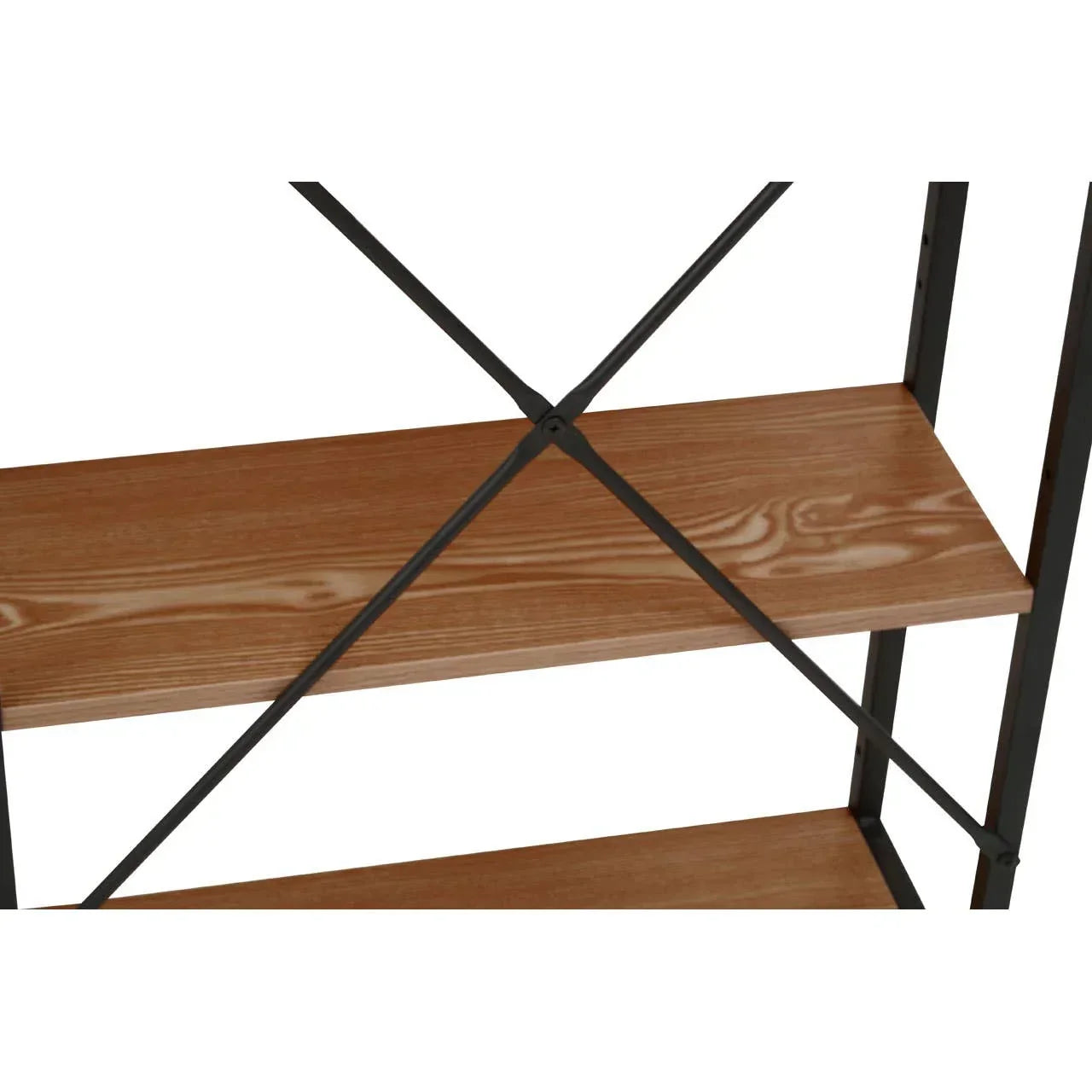 Wood shelf unit with black metal frame and cross back support detail
