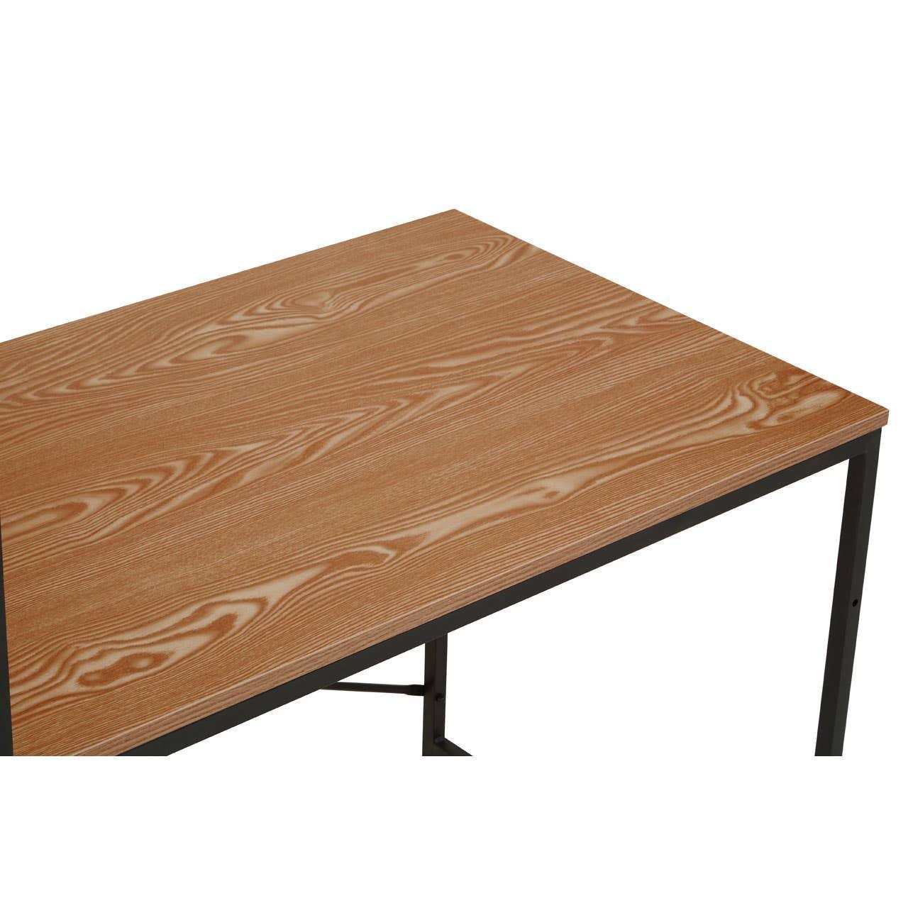 Rectangular wood effect dining table top with black metal frame, angled corner view