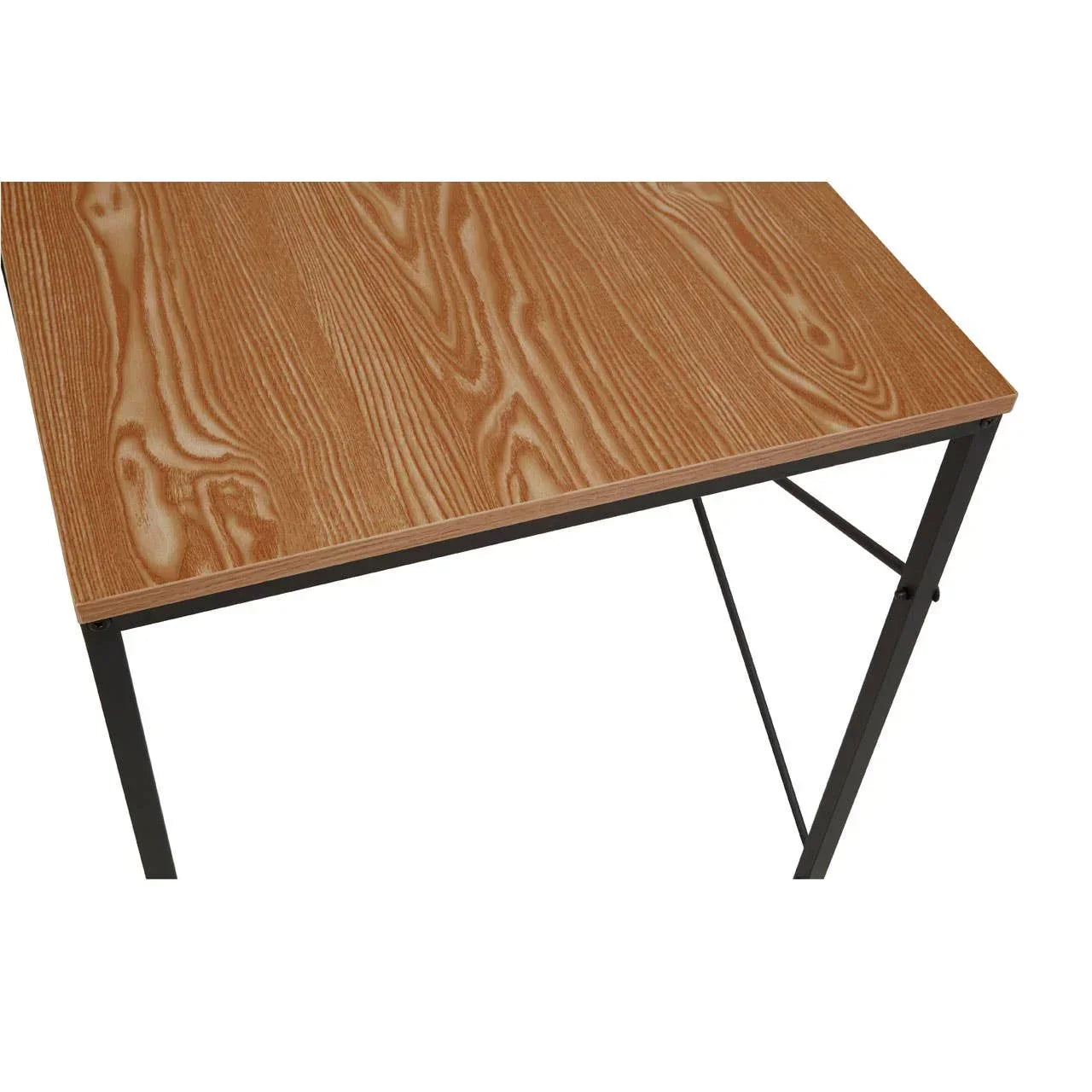 wood effect desk with black metal frame, corner close-up showing tabletop grain