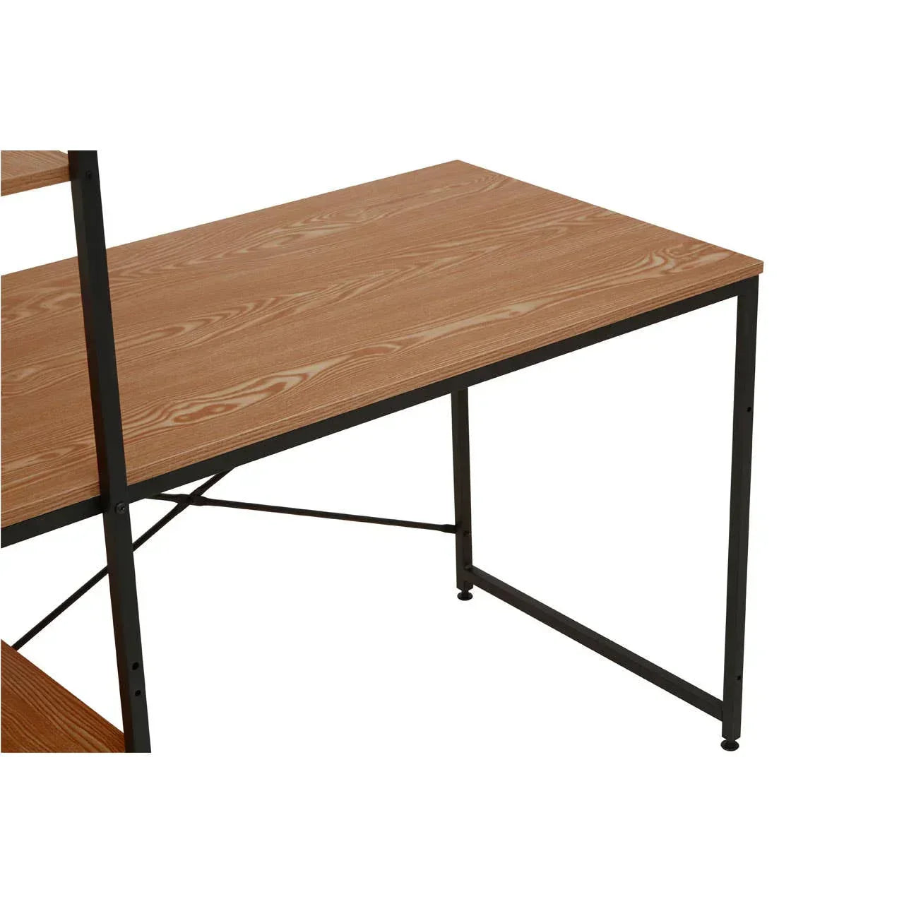 Wood effect desk surface with black metal frame and crossbar detail