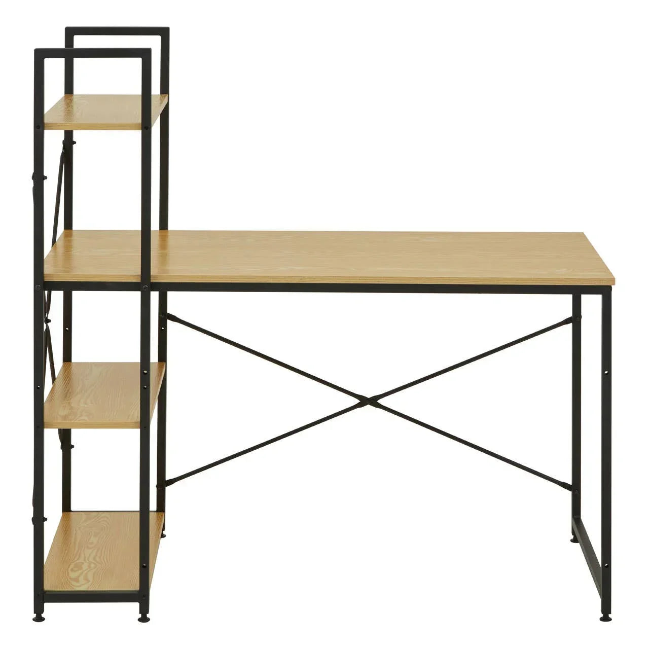 Oak finish desk with black metal frame and three built-in storage shelves on the side