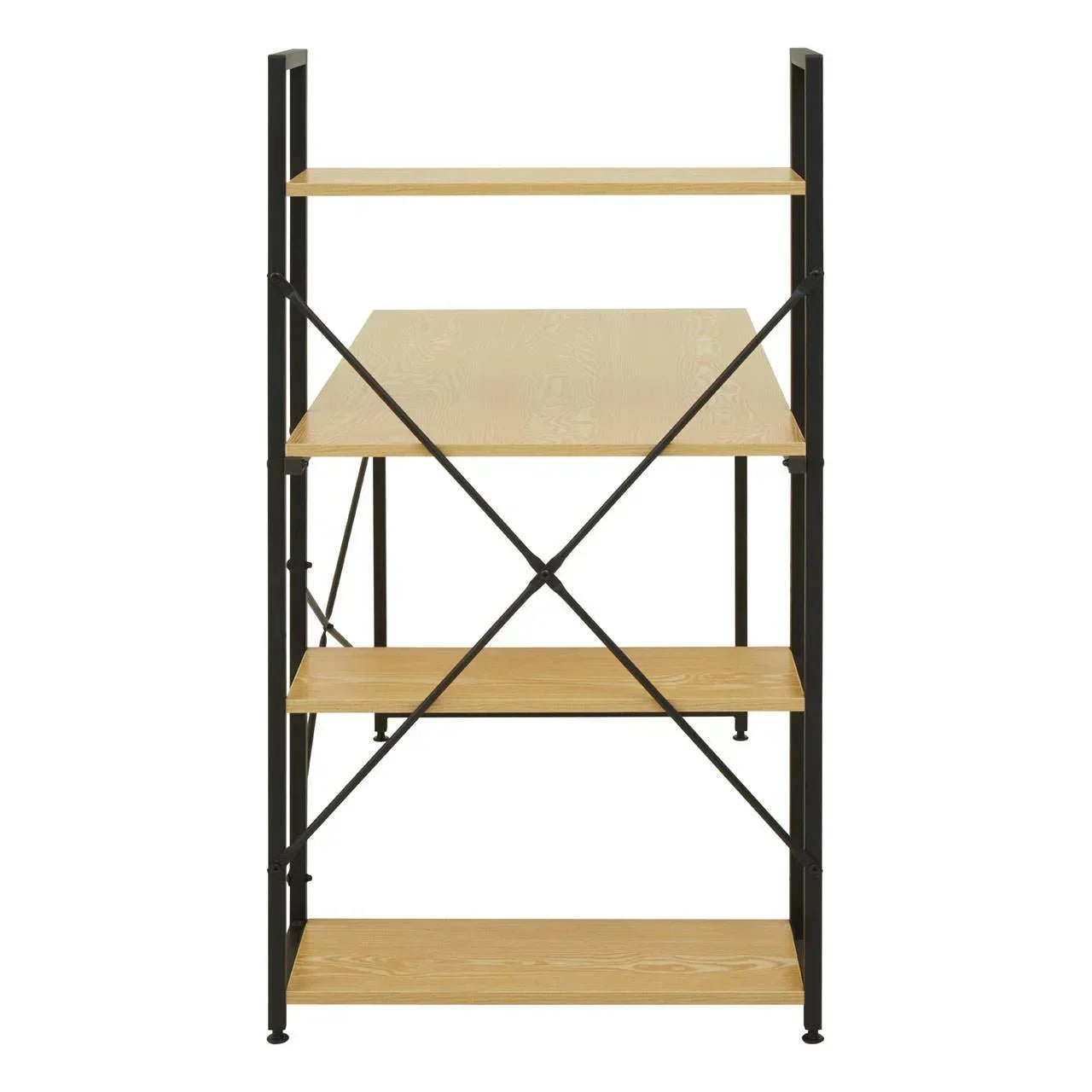 Wood and metal shelving unit with four open shelves, black frame and crossbar support