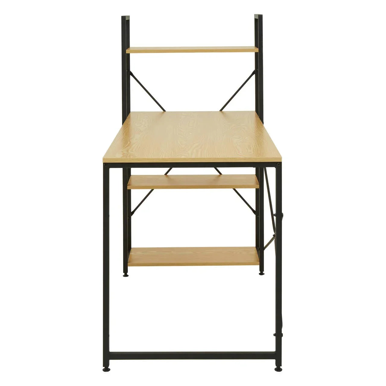 Wooden desk with black metal frame, multiple storage shelves, front view