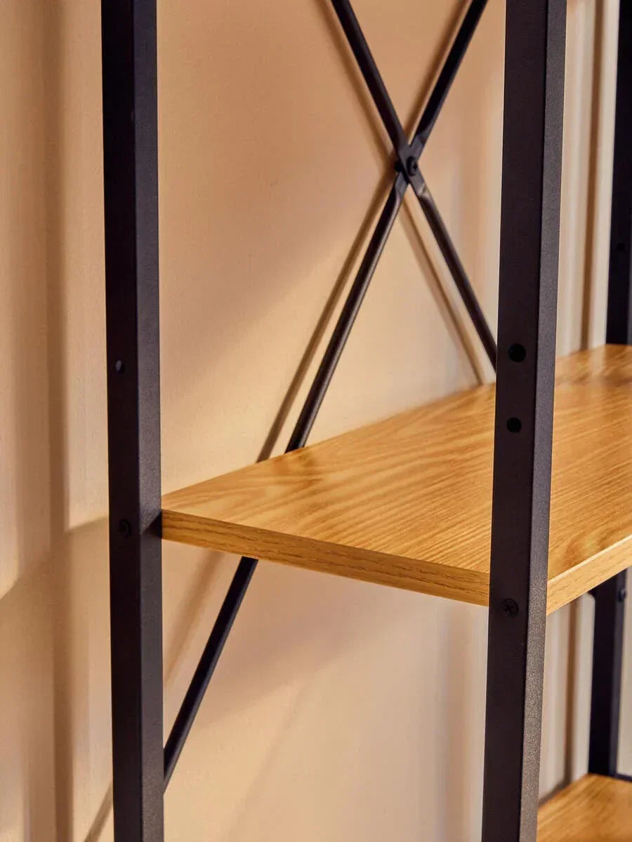 Wooden shelving unit with black metal frame and cross brace detail