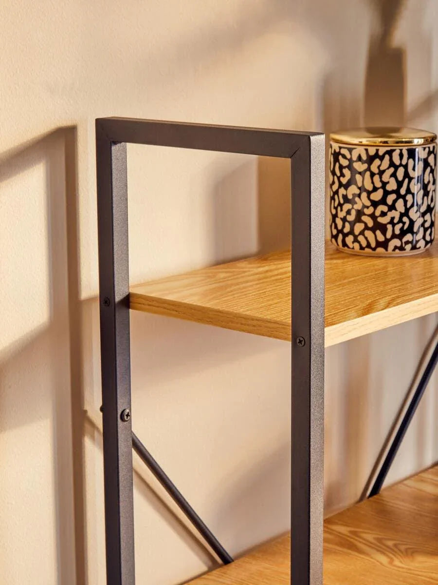 Industrial style shelving unit with black metal frame and natural wood shelves