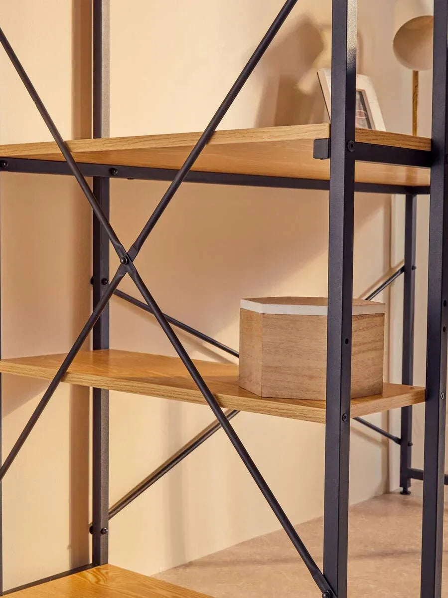 Modern shelving unit with black metal frame and light wood shelves, close-up side view