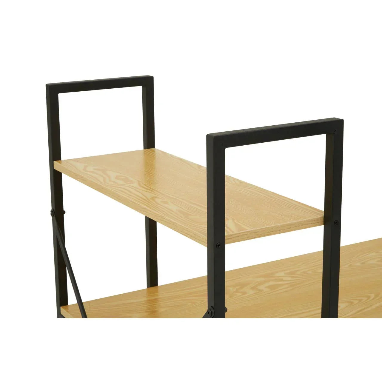 Oak effect shelving unit with black metal frame, showing two open shelves from side angle