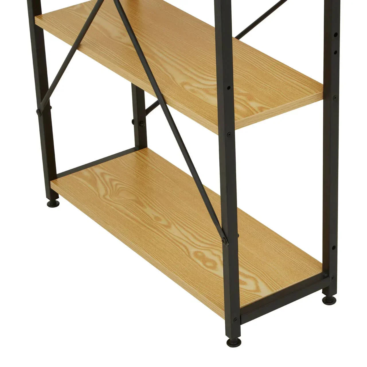 Industrial shelving unit with light wood shelves and black metal frame, close-up view