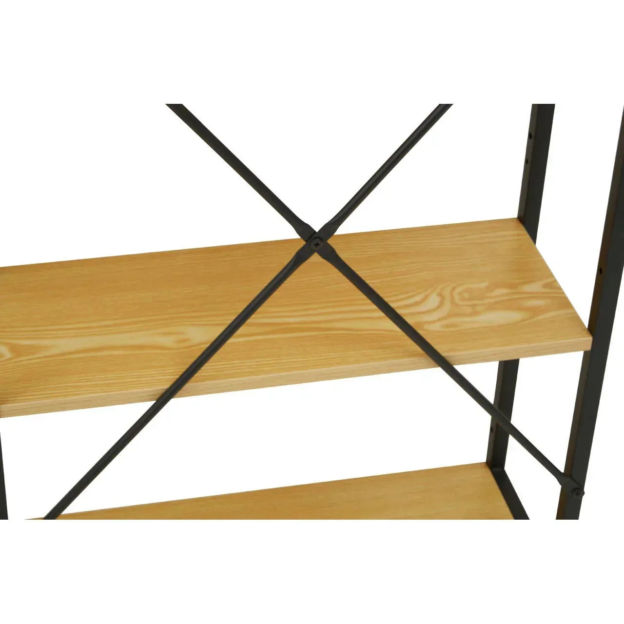 wooden shelving unit with black metal frame and cross support detail
