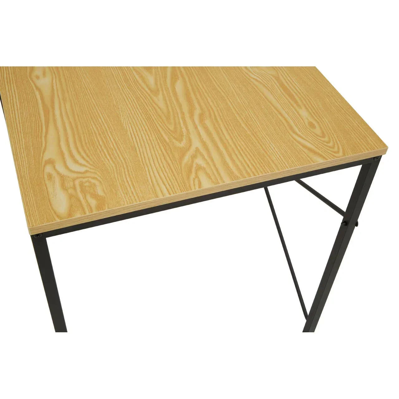 Light wood desk with black metal frame, close-up of tabletop and corner detailing