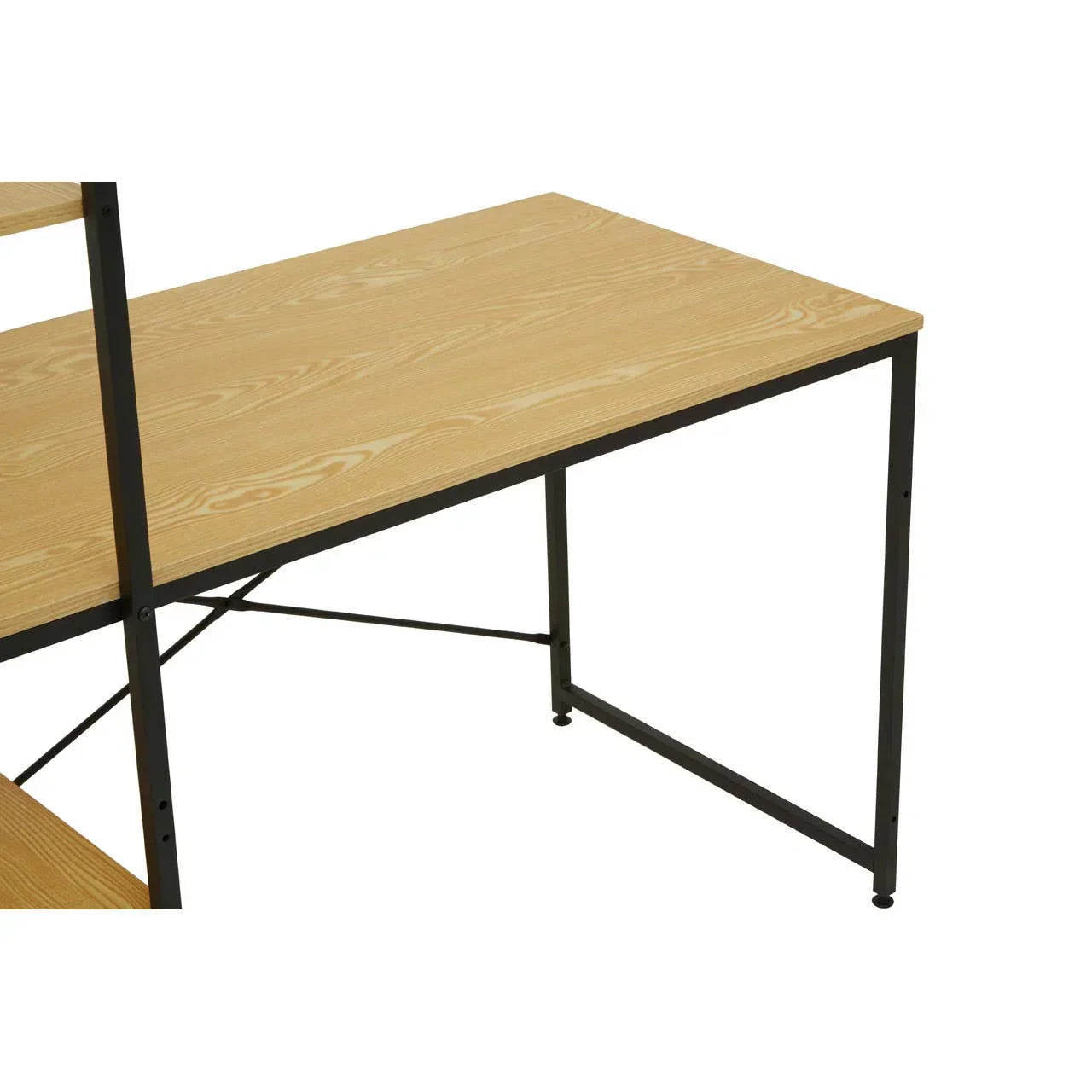 Light wood office desk with black metal frame and crossbar support, side angle view