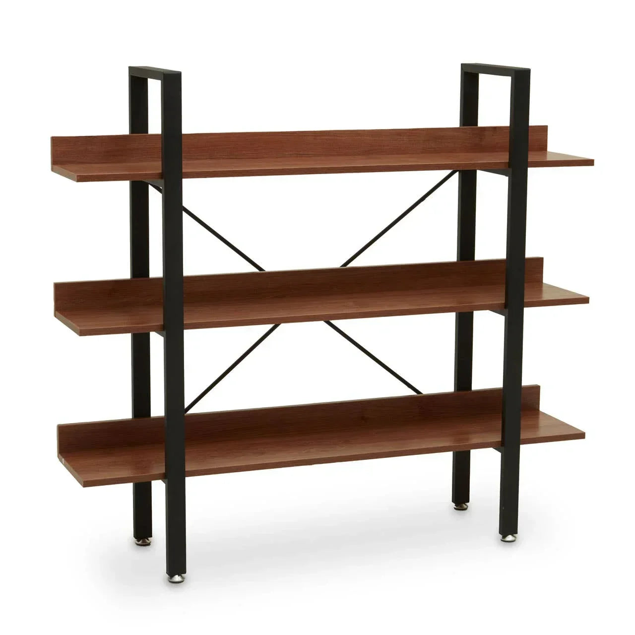 Three-tier wooden shelving unit with black metal frame and open design